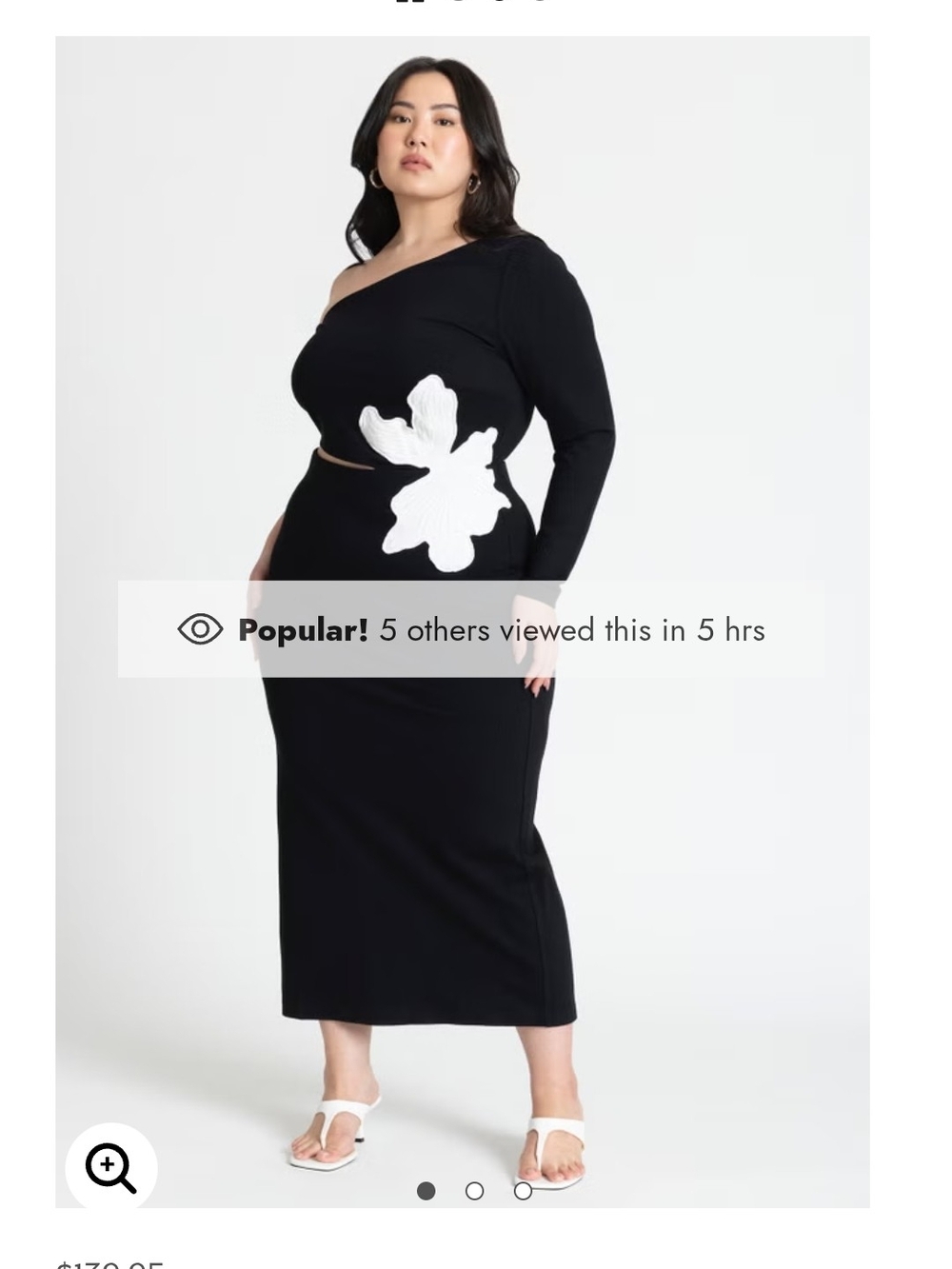 Black One-Shoulder Midi Dress with White Floral Appliqué